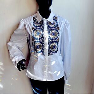 Etro White and Blue Embroidered Button Down Shirt
